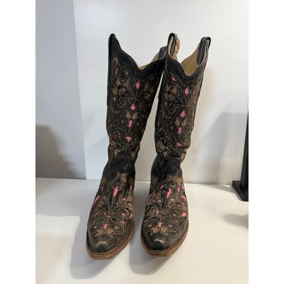 Corral Black Pink Gold Overlay Stitch Western Cowboy Boots Women's 9.5 M - Picture 3 of 7